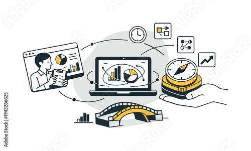 Modern minimal flat vector conceptual collage, crisp hard edges, consistent THIN outline stroke, rounded corners where needed,