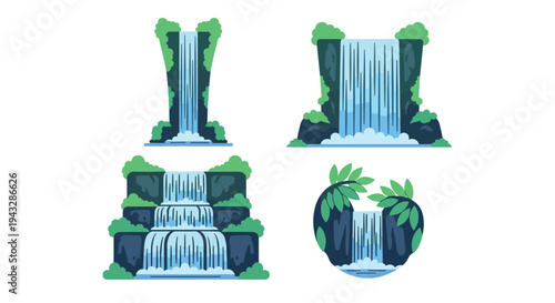 Collection of stylized waterfalls cascading down rocky cliffs surrounded by lush green foliage