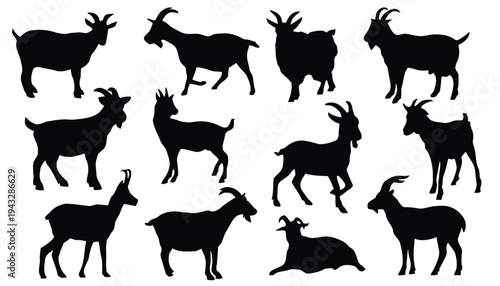 Various goat silhouettes in different poses and activities