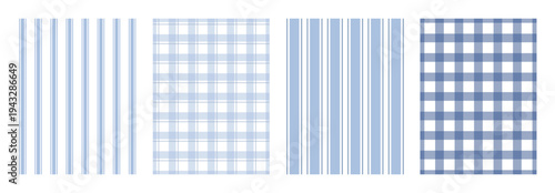 Blue striped and plaid pattern collection. Minimal geometric textile backgrounds with vertical line and checkered grid layouts. Seamless vector surfaces ideal for fabric, packaging, wallpaper, and dec