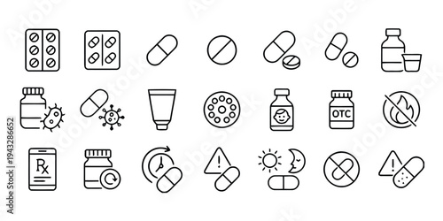 Various medical and pharmacy icons depicting drugs and health symbols