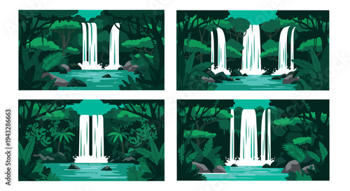 Serene jungle waterfalls cascading into clear turquoise pools surrounded by lush tropical foliage