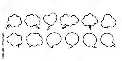 Various hand-drawn comic style thought bubbles and speech balloons in a clean simple design