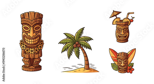 Collection of Hawaiian tiki masks, palm tree, and tropical cocktail on white background