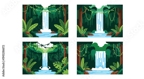 Vibrant jungle waterfalls with lush green foliage and hanging vines in a flat design style