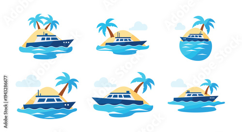 Collection of flat design icons featuring yachts docked near tropical islands and palm trees