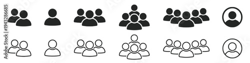 Various people group icons in solid and outline style, single user icon