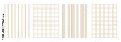 Beige striped and plaid pattern collection. Minimal geometric textile backgrounds with vertical line and checkered grid layouts. Seamless vector surfaces ideal for fabric, packaging, wallpaper, and de