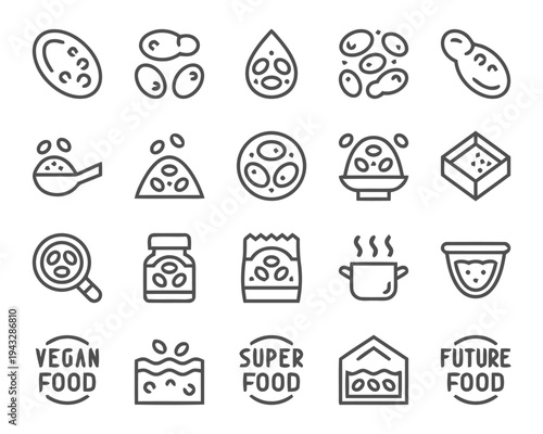Vegan food and super food outline icons for healthy eating and plant-based diets