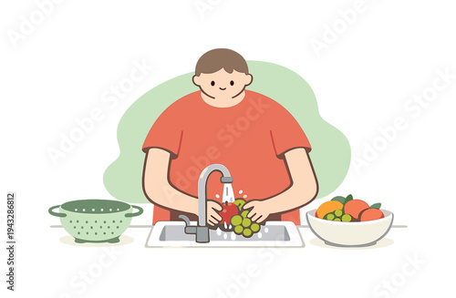 Soft person washes fruits at a sink, fingers brushing skins gently, colander resting steady beside bowl. | washing fruits, clean