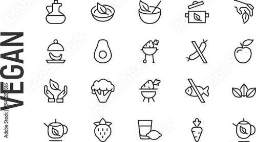 Vegan food icons collection vector healthy organic ingredients fruit vegetables isolated symbols outline