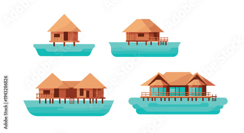 Collection of overwater bungalows and huts on turquoise water, flat design style
