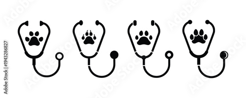 Veterinarian stethoscope icons with paw prints diverse collection on white background