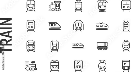 Various types of train icons in linear style representing different locomotives and carriages