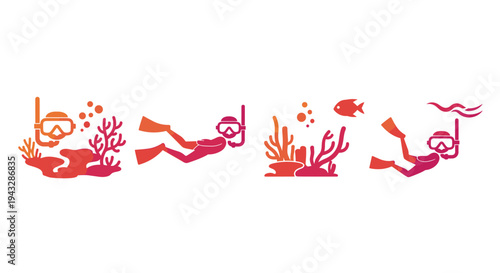 Scuba divers and coral reefs in a vibrant underwater scene with fish and bubbles