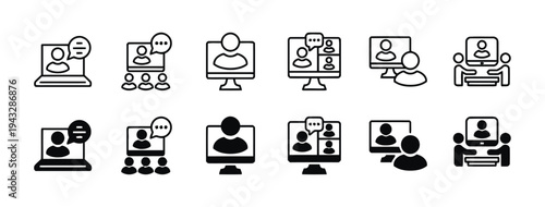 Video conference icons showing people in online meetings on screens