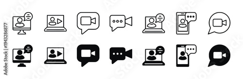 Video call and communication icons for online meetings and digital chat services
