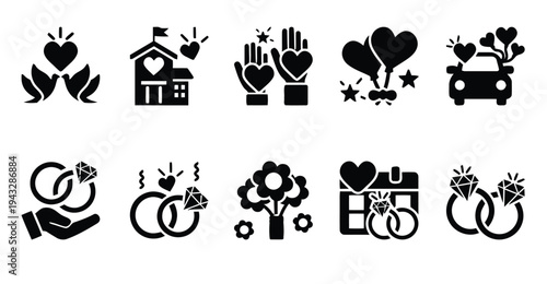 Wedding and relationship icons with symbols of love and union