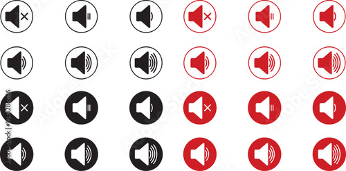 Volume control icons showing different sound levels and mute options in black and red