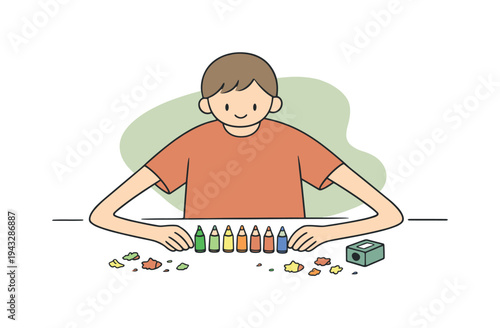 Bright child lines up crayons after sharpening them as scattered shavings surround a small sharpener on white desk calm!! | child