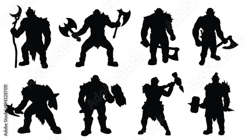 Warriors orcs in silhouette with weapons and armor, fantasy battle characters