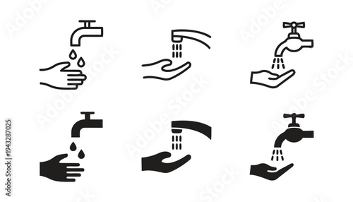 Washing hands with running water from faucet line art and solid icons