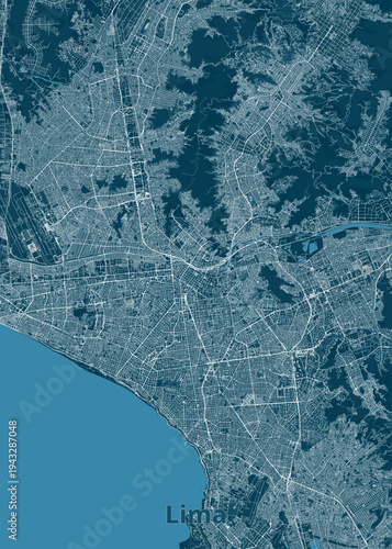 This is a detailed map of Lima, Peru, rendered in a monochromatic blue and white color scheme. The image showcases the intricate urban sprawl of the city, with a dense network of streets and roads