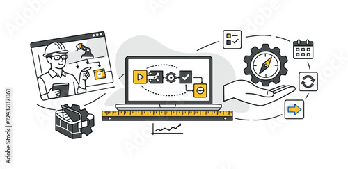 Modern minimal flat vector conceptual collage, crisp hard edges, consistent THIN outline stroke, rounded corners where needed,