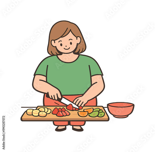 Woman happily preparing a healthy fruit salad with strawberries, bananas, kiwi, and oranges