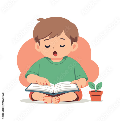 Fresh child practices reading aloud with an open book, lips moving softly, finger following lines, voice steady. today inside