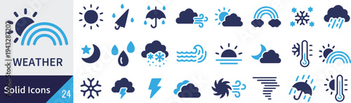 Weather solid icons vector design, forecast and meteorological symbols for climate conditions, sun, rain, wind, snow