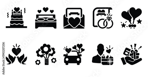 Wedding and celebration icons including cake, gifts, and symbols of love