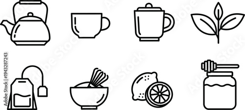 Icon set featuring tea kettle cup teapot leaf kettle bowl juicer and jar for beverage and food illustrations