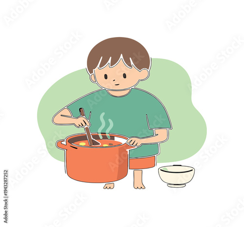 Quiet child stirs soup in a pot, spoon moving slowly, steam rising, bowl nearby, posture careful and steady while standing still!