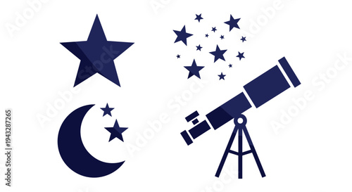 Telescope and celestial bodies icons: moon, stars, and constellations for astronomy exploration