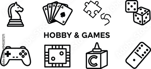 Hobby and games icon collection chess cards puzzles dice gaming console video games jigsaw blocks remote control