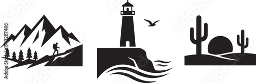 Nature adventure icons: mountains, lighthouse, and desert vector set