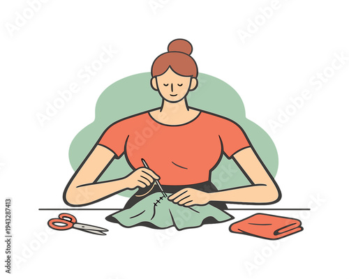 Woman sewing fabric with needle and thread, scissors and folded cloth nearby