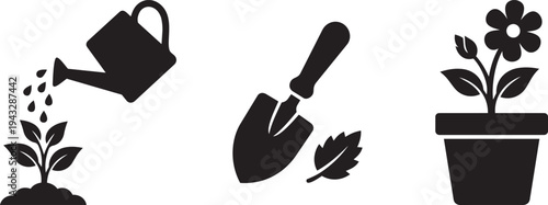 Gardening vector icons: watering can, plant, trowel, and potted flower