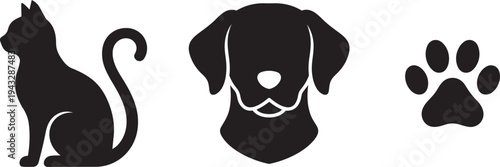 Pet animal silhouettes illustration: cat, dog head, and paw print vector set