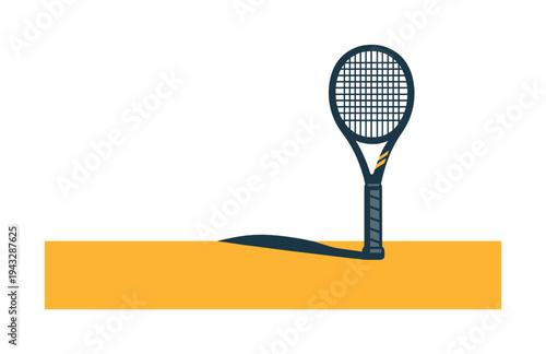 Modern tennis racket casting a long shadow on a bright yellow surface with white background