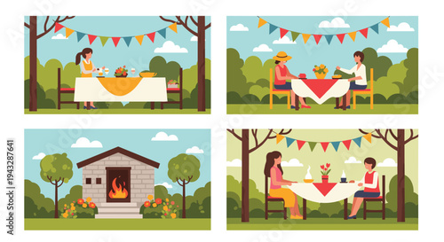 Outdoor garden party scenes with people dining and a brick barbecue grill