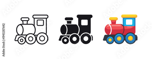 Playful railway concept shown as a small toy locomotive with rounded boiler, short chimney, and chunky wheels clearly visible as