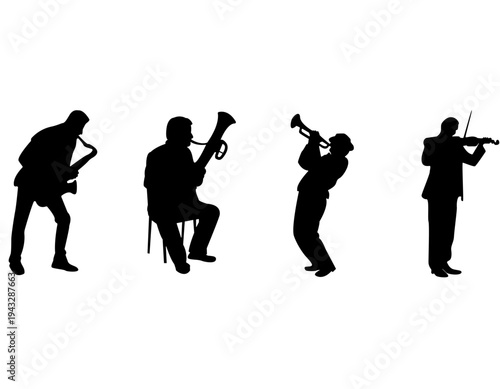 Silhouettes of four musicians playing various instruments including saxophone, tuba, trumpet, and violin, on a white background.