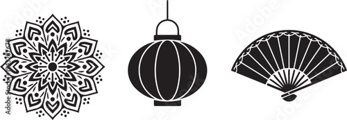 Traditional Asian cultural symbols set with mandala, Chinese lantern, and folding fan vector il