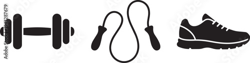 Fitness icons set with dumbbell, jump rope, and running shoe vector graphic illustration