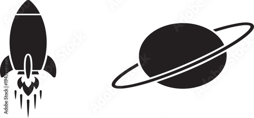 Space exploration vector illustration featuring a launching rocket and a ringed planet icon