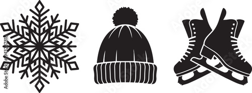 Winter icons set: snowflake, hat, and ice skates vector illustration