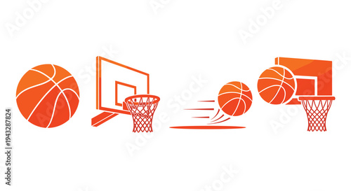 Collection of basketball icons showing a ball, hoop, and a ball in motion towards the net