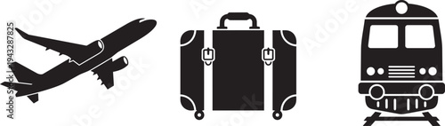 Travel icons set with airplane, suitcase, and train in black silhouette vector
